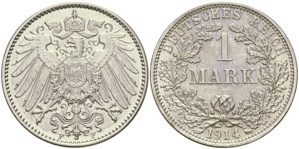 Германия 1 марка 1914 F Weege 18, J. 17, KM 14 серебро aUNC 98-1211