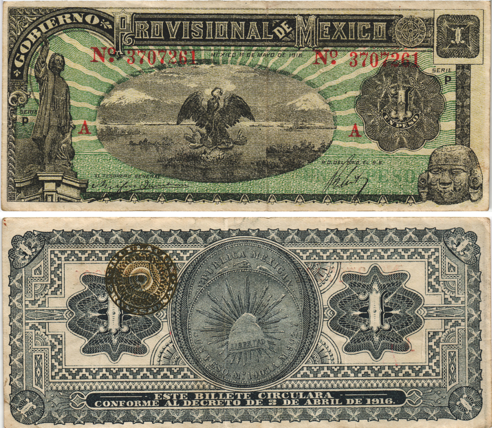 Мексика, Революция 1 песо 1916 Переходное правительство Мексики, город Мехико, выпуск 1916 года Pick S709 бумага 6283-10-3