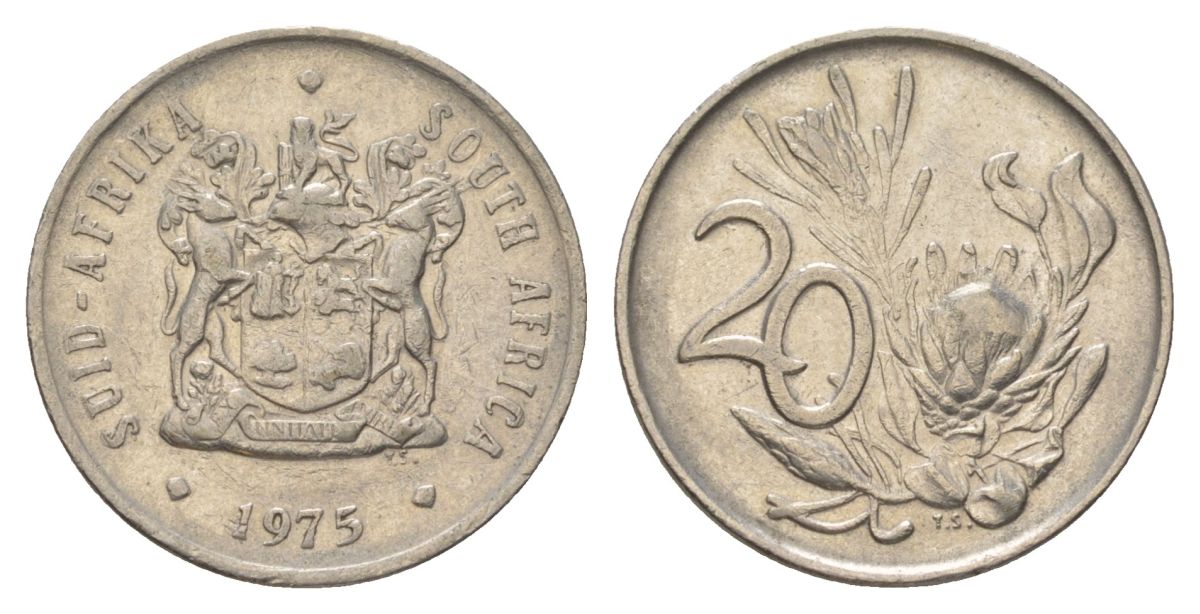 ЮАР 20 центов 1975 герб, цветок протея KM 86 никель 4626-756