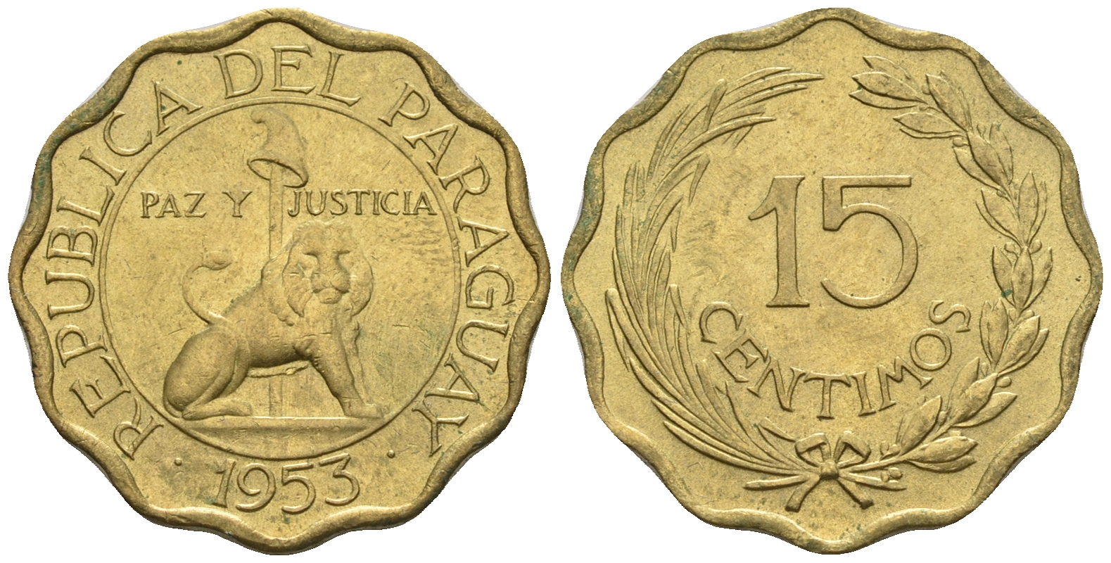 Парагвай 15 сентимо 1953 лев, фригийский колпак на шесте KM 26 алюминиевая бронза  aUNC  4177-557