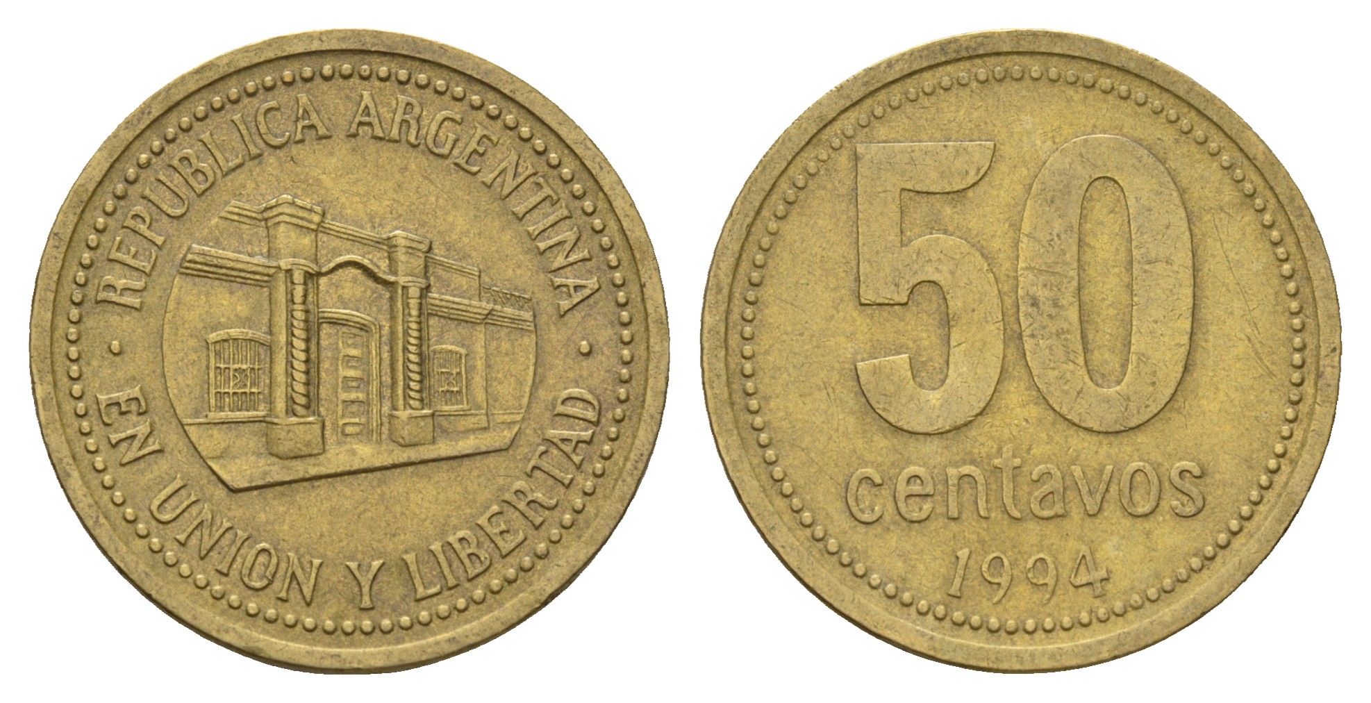 Аргентина 50 сентаво 1994 здание конгресса Тукумана, узкие буквы KM 111.1, CJ 5, Schon 112 алюминиевая бронза 4703-752