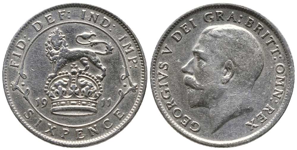 Великобритания 6 пенсов 1911 Георг V (1910-1936) KM 815, Spink 4014 серебро 1518-1225