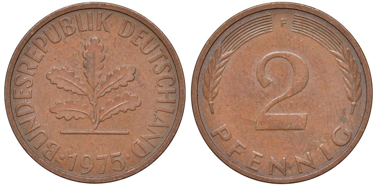 ФРГ 2 пфеннига 1970 F KM 106a, J.381a сталь плакированная медью 4174-457