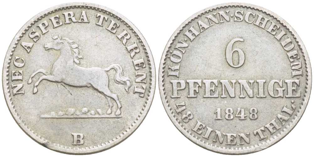 Ганновер 6 пфеннигов 1848 В, Эрнст Август (1837-1851) KM 205, AKS 120, Jaeger 76 серебро 206-325