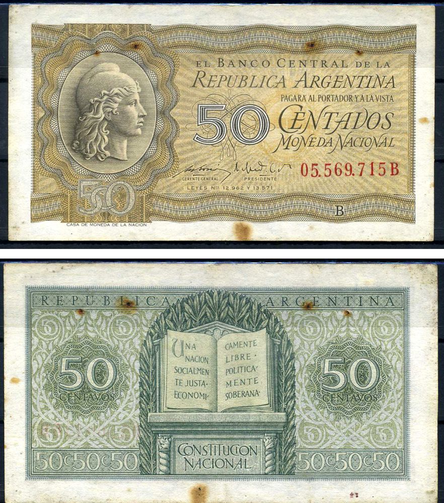 Аргентина 50 сентаво 1947 Свобода, конституция Аргентины Pick 261 (1) бумага 7198-2-3-2