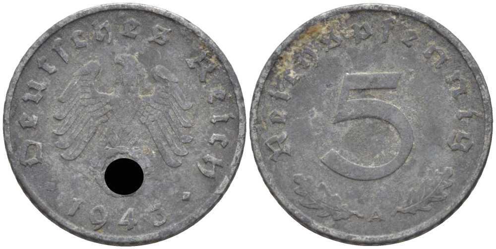 ГЕРМАНИЯ 5 РЕЙХСПФЕННИГОВ 1943 A KM 100, J. 370 цинк 105-312