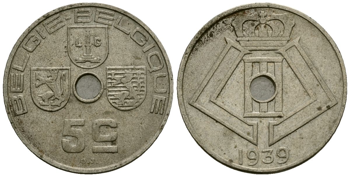 Бельгия 5 сантимов 1939 Belgie - Belgique KM 111 никель латунь 4173-632