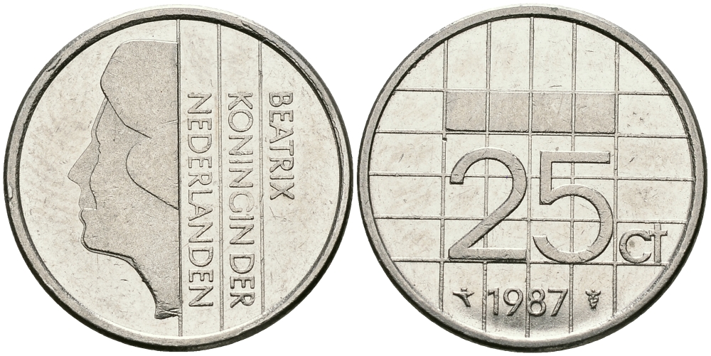 НИДЕРЛАНДЫ 25 ЦЕНТОВ 1987 БЕАТРИКС KM 204 никель 96-317