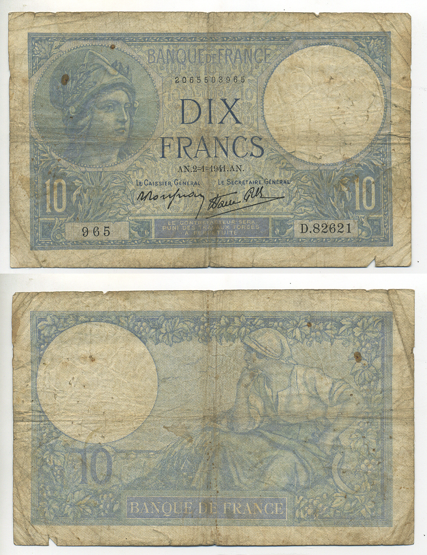 ФРАНЦИЯ 10 ФРАНКОВ 1941 2 ЯНВАРЯ 1941 Pick 84 бумага 7552-27-3