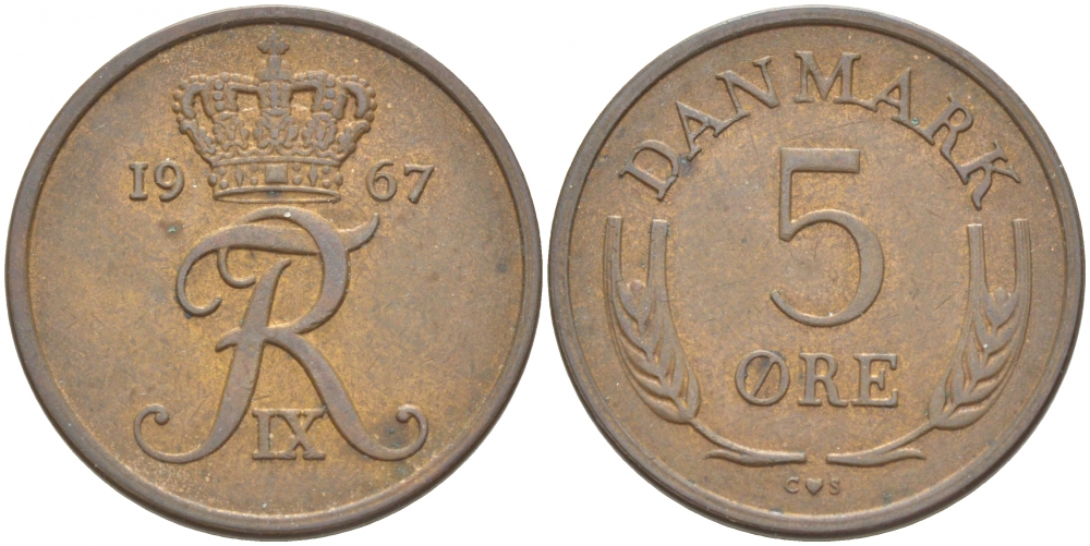 ДАНИЯ 5 ЭРЕ 1967 C; S, ФРЕДЕРИК IX (1947-1972) KM 848.1 бронза 4402-1226
