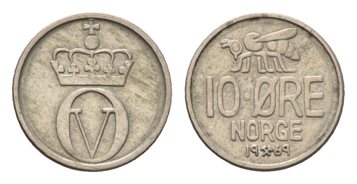 Норвегия 10 эре 1969 пчела, Улаф V KM 411 медно-никель 4685-1131