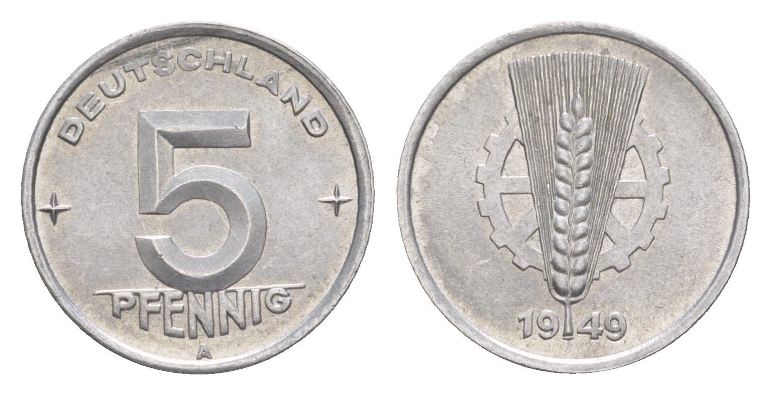 ГДР 5 пфеннигов 1949 A KM 2 алюминий aUNC 4647-767