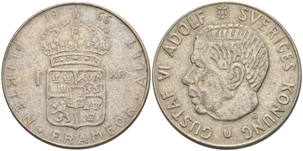 Швеция 1 крона 1966 U, Густав VI Адольф (1950-1973) KM 826 серебро 4150-213