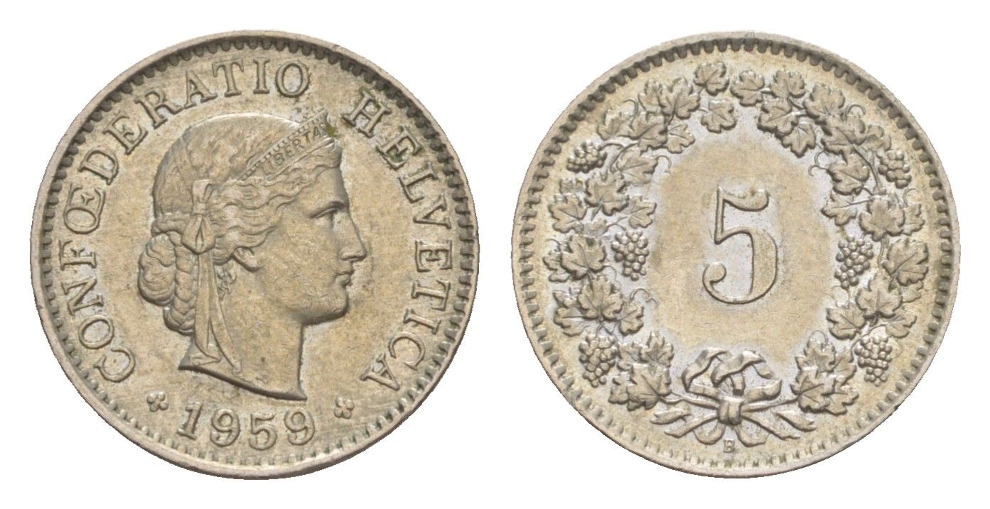 Швейцария 5 раппенов 1959 B KM 26 медно-никель 4643-338