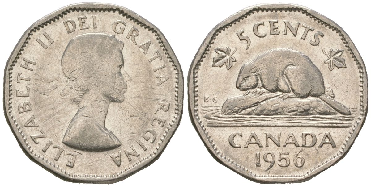 Канада 5 центов 1956 Елизавета II (1952-2022), бобер KM 50a никель 4364-3123