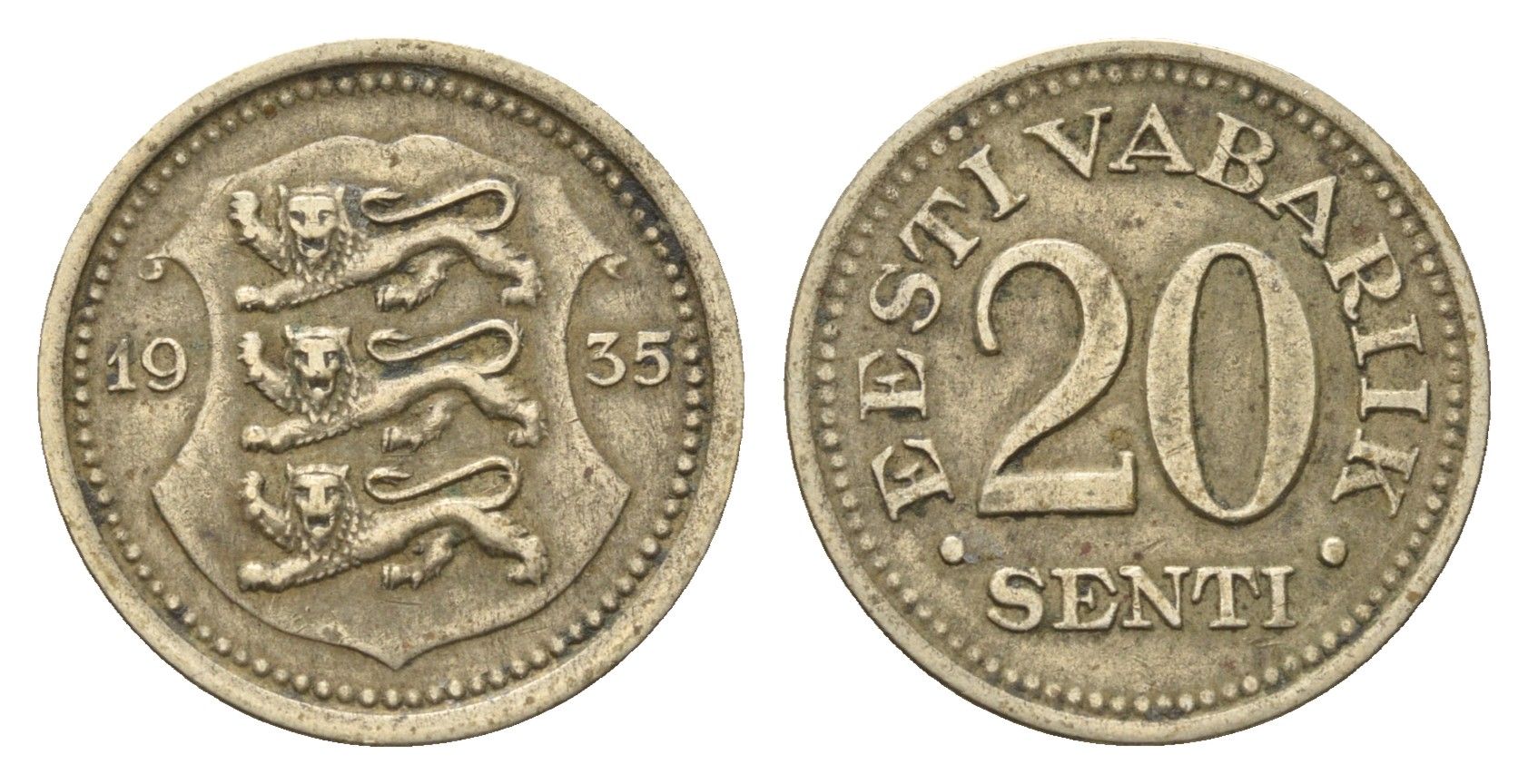 Эстония 20 сентов 1935 год-тип KM 17 никель латунь 08-1338