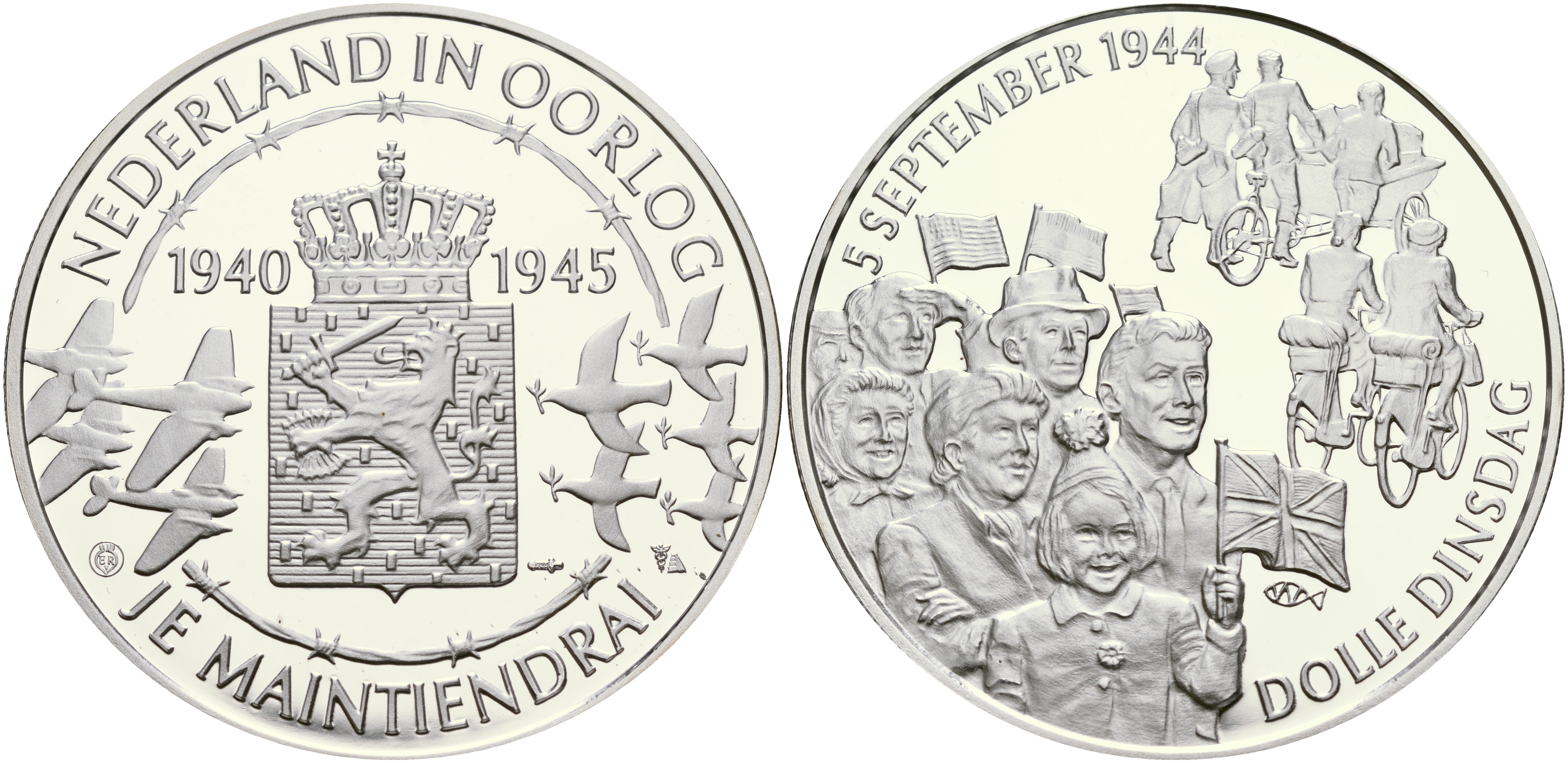 Нидерланды медаль ND Голландия в войне 1940-1945, сумасшедший вторник 5 сентября 1944 года, 31,3 гр, 45,0 мм  серебро  PROOF  1066-10-21