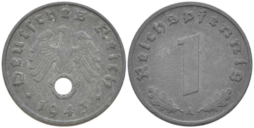 ГЕРМАНИЯ 1 РЕЙХСПФЕННИГ 1943 A KM 97, J. 369 цинк 211-555