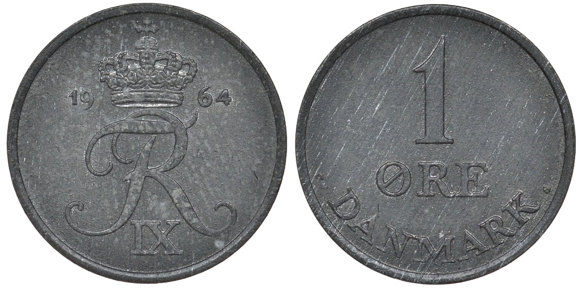 Дания 1 эре 1964 KM 839 цинк 4174-165