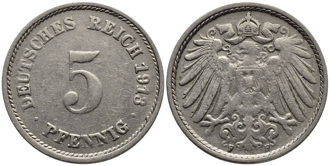 ГЕРМАНИЯ 5 ПФЕННИГОВ 1913 F KM 11, Jager 12, Weege 6 медно-никель 4547-537