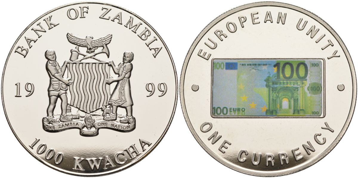Замбия 1000 квача 1999 серия европейский союз - одна валюта, 100 евро аверс, серебрение KM 128 медь никель цинк 1098-3-51