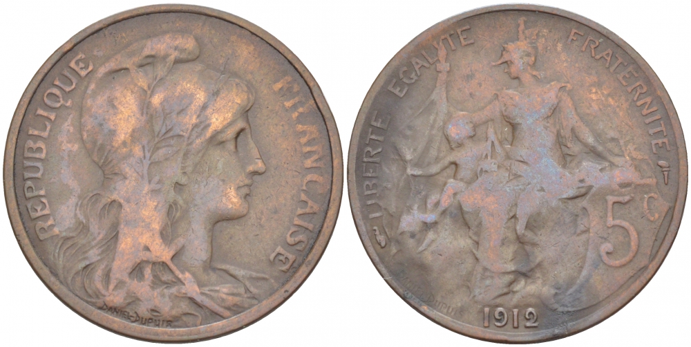 ФРАНЦИЯ 5 САНТИМОВ 1912 ТИП ДАНИЭЛЬ ДЮПЮИ KM 842, LE FRANC 119.24 бронза 77-252