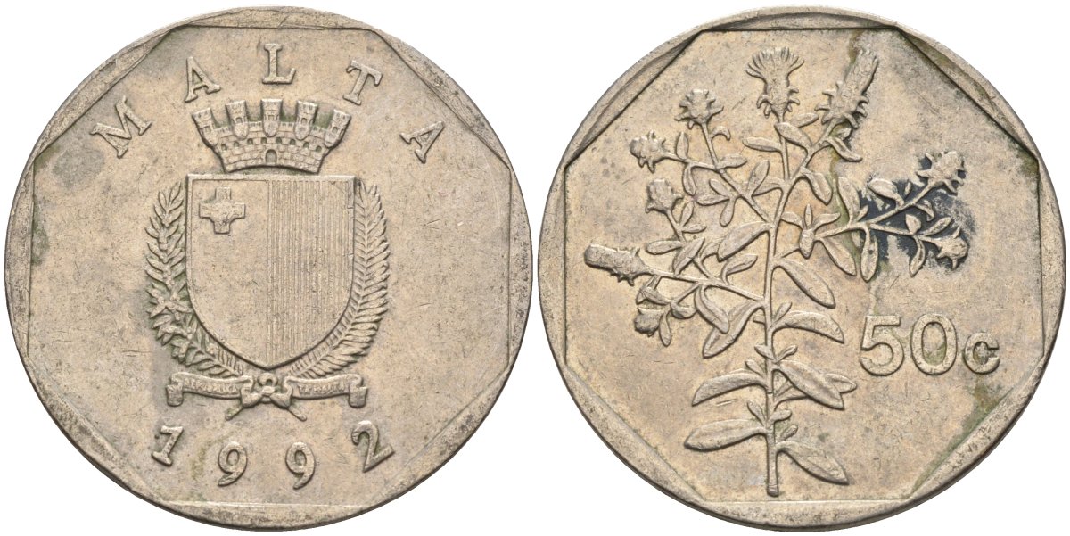 Мальта 50 центов 1992 девясил KM 98 медно-никель 213-625