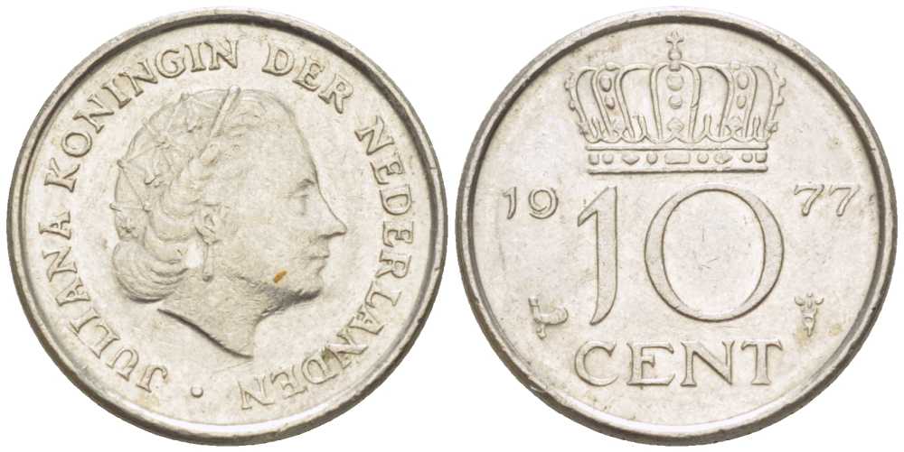 НИДЕРЛАНДЫ 10 ЦЕНТОВ 1977 ЮЛИАНА (1948-1980) KM 182 никель 211-1227