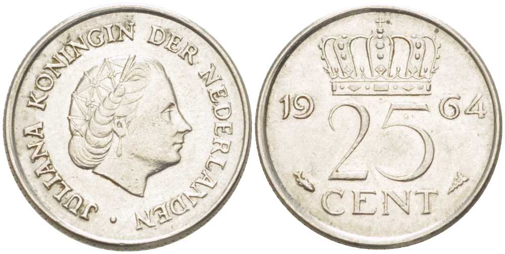 НИДЕРЛАНДЫ 25 ЦЕНТОВ 1964 ЮЛИАНА (1948-1980) KM 183 никель 214-938