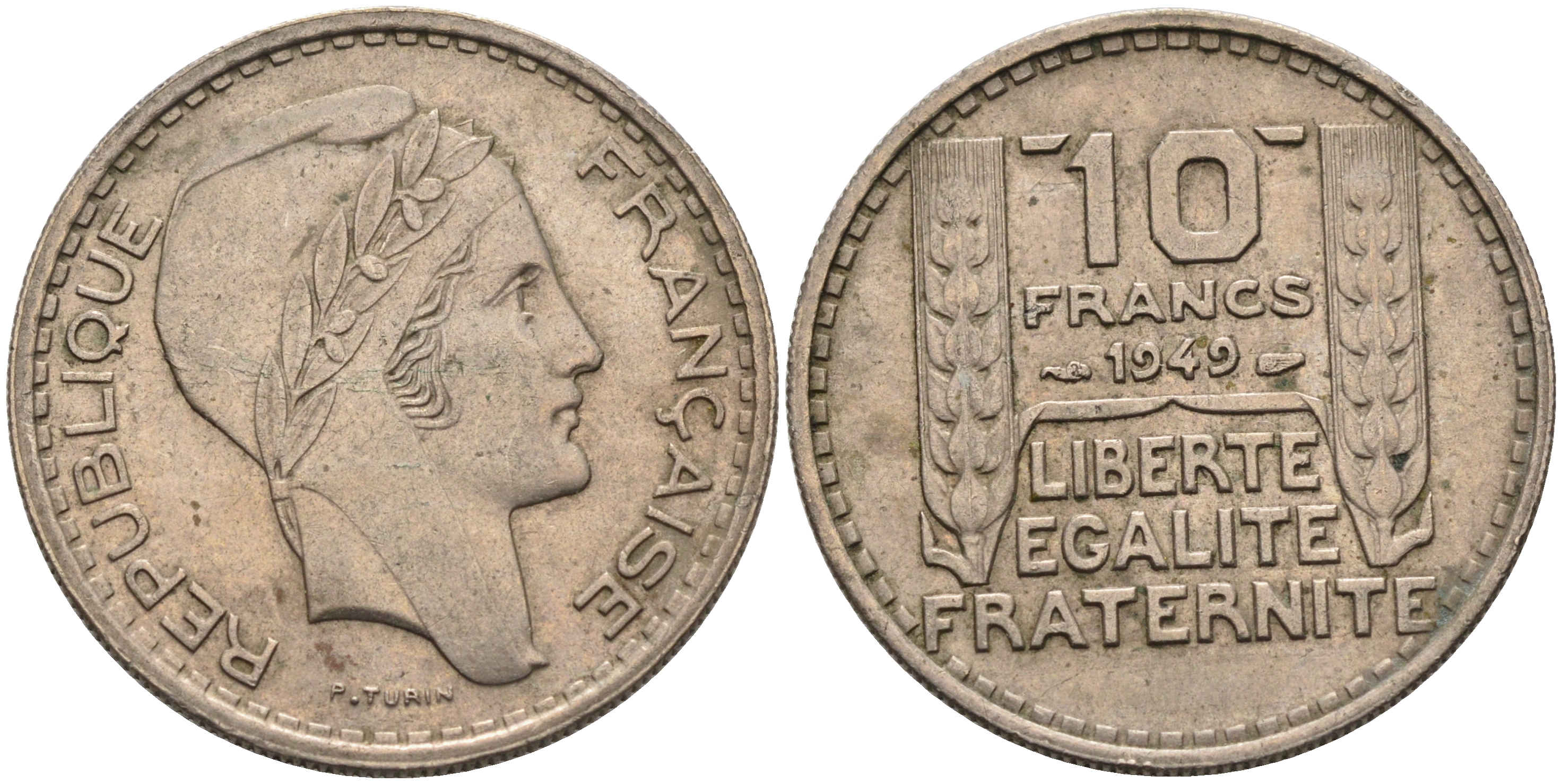 Франция 10 франков 1949 тип Пьер Турин KM 909.1, LE FRANC 362.6 медно-никель 4589-711