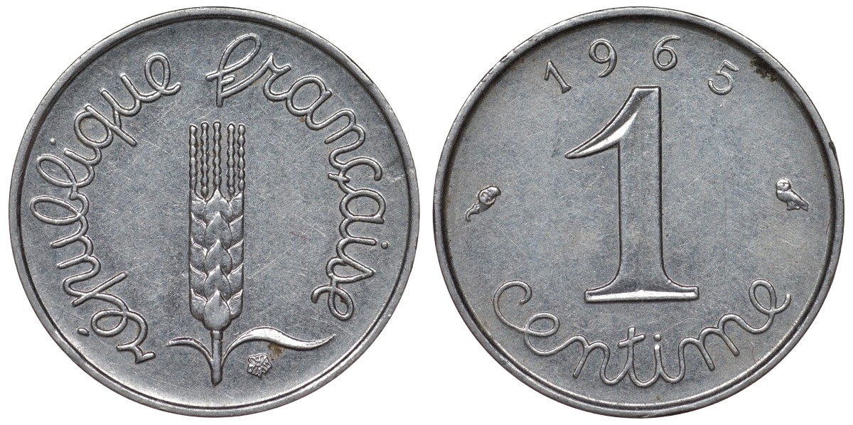 Франция 1 сантим 1965 пятая республика KM 928, Le Franc 106.10 нержавеющая сталь 4124-365