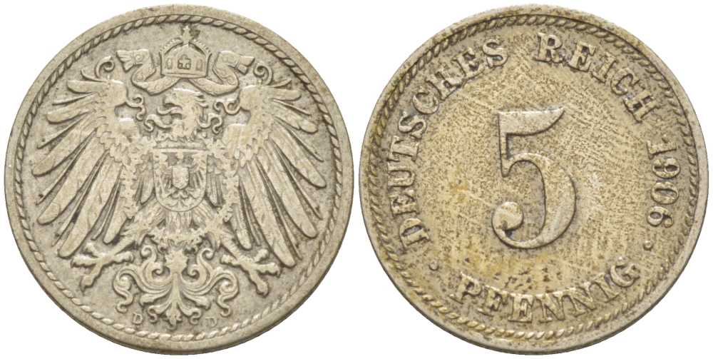 ГЕРМАНИЯ 5 ПФЕННИГОВ 1906 D KM 11, J. 12, Weege 6 медно-никель 206-944