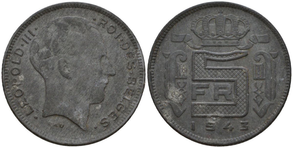 Бельгия 5 франков 1943 DES BELGES KM 129.1 цинк 4556-1032