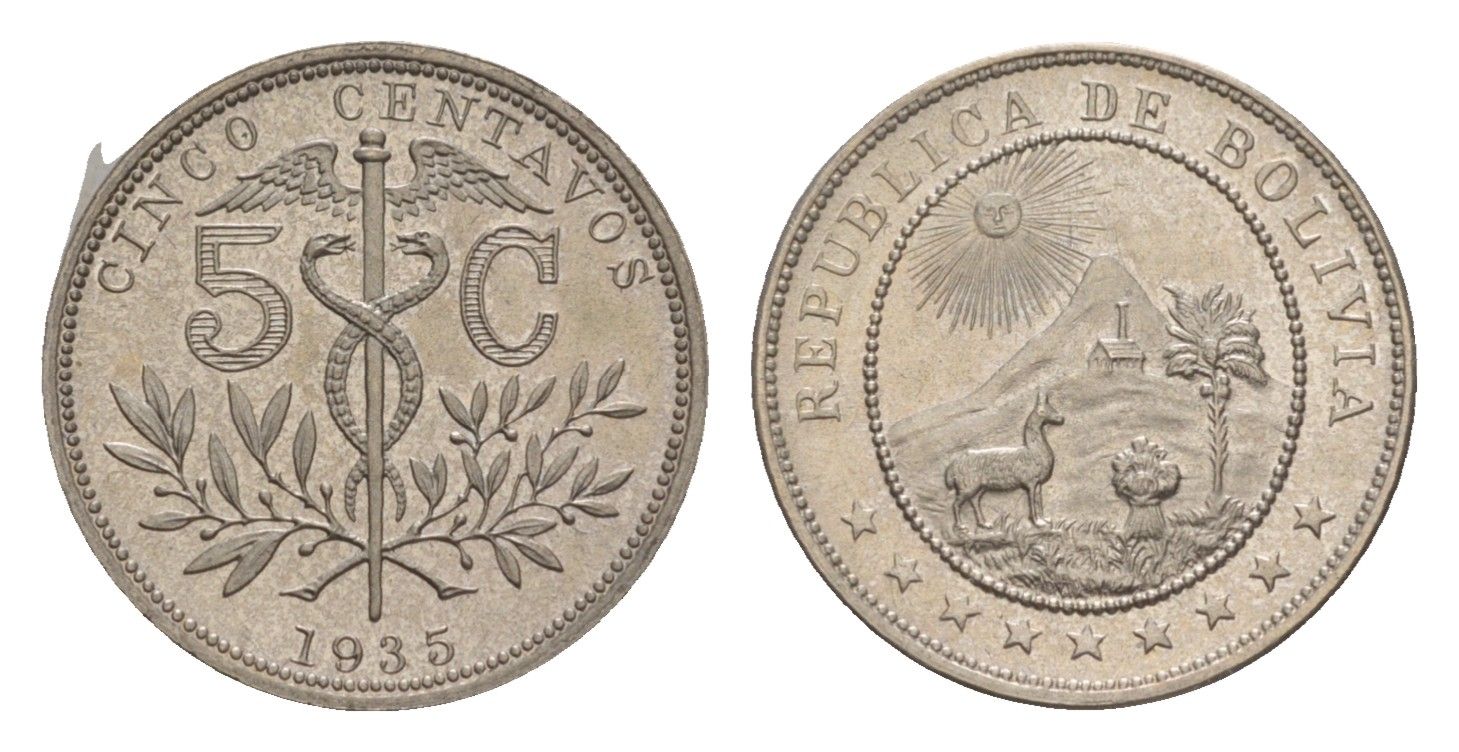 Боливия 5 сентаво 1935 KM 178 медно-никель PROOF 00-902-27