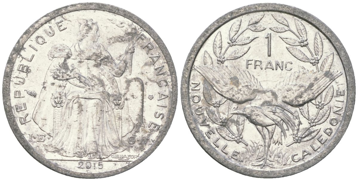 Французская Новая Каледония 1 франк 2015 птица кагу, (IEOM) KM 10, Schoen 10 алюминий 33-816