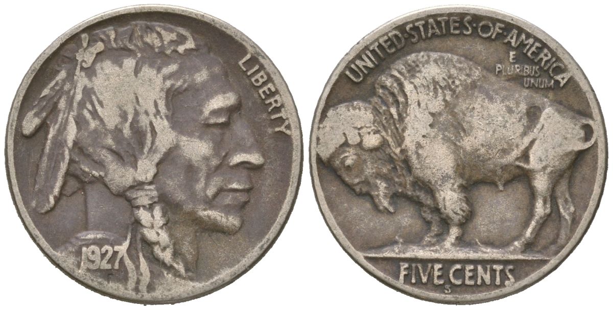 США 5 центов 1927 D, индеец, бизон KM 134 медно-никель 4614-1133