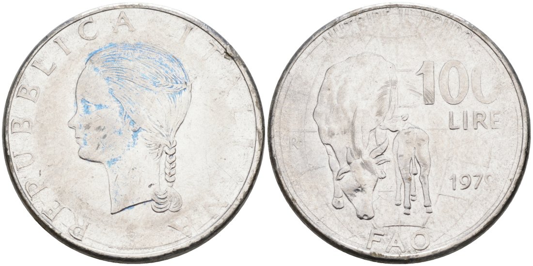 Италия 100 лир 1979 R, FAO, корова с теленком KM 106 нержавеющая сталь 51-4345