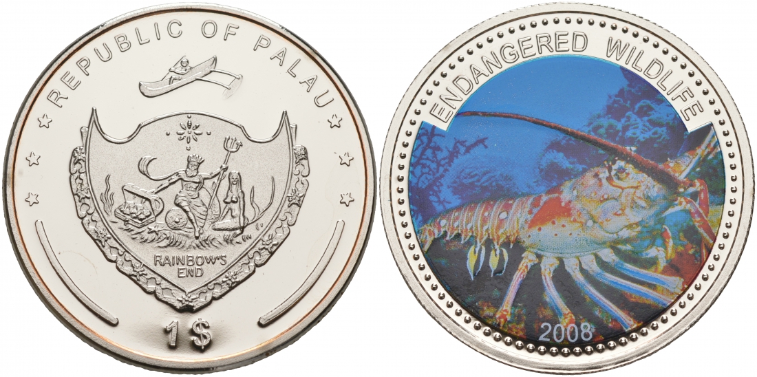 Палау 1 доллар 2008 серия вымирающие виды, лобстер, цветная эмаль KM 167 медно-никель PROOF M2-16