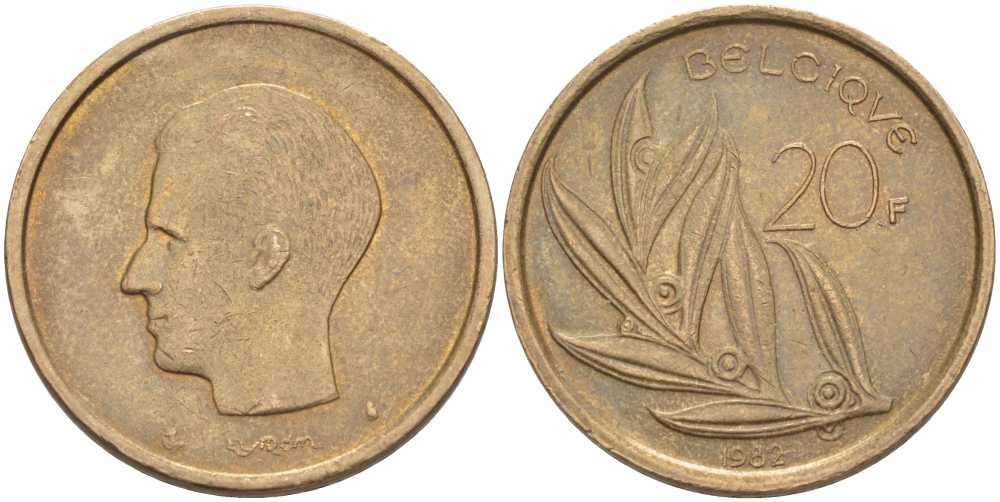 БЕЛЬГИЯ 20 ФРАНКОВ 1982 BELGIQUE KM 159 никель бронза 4391-511