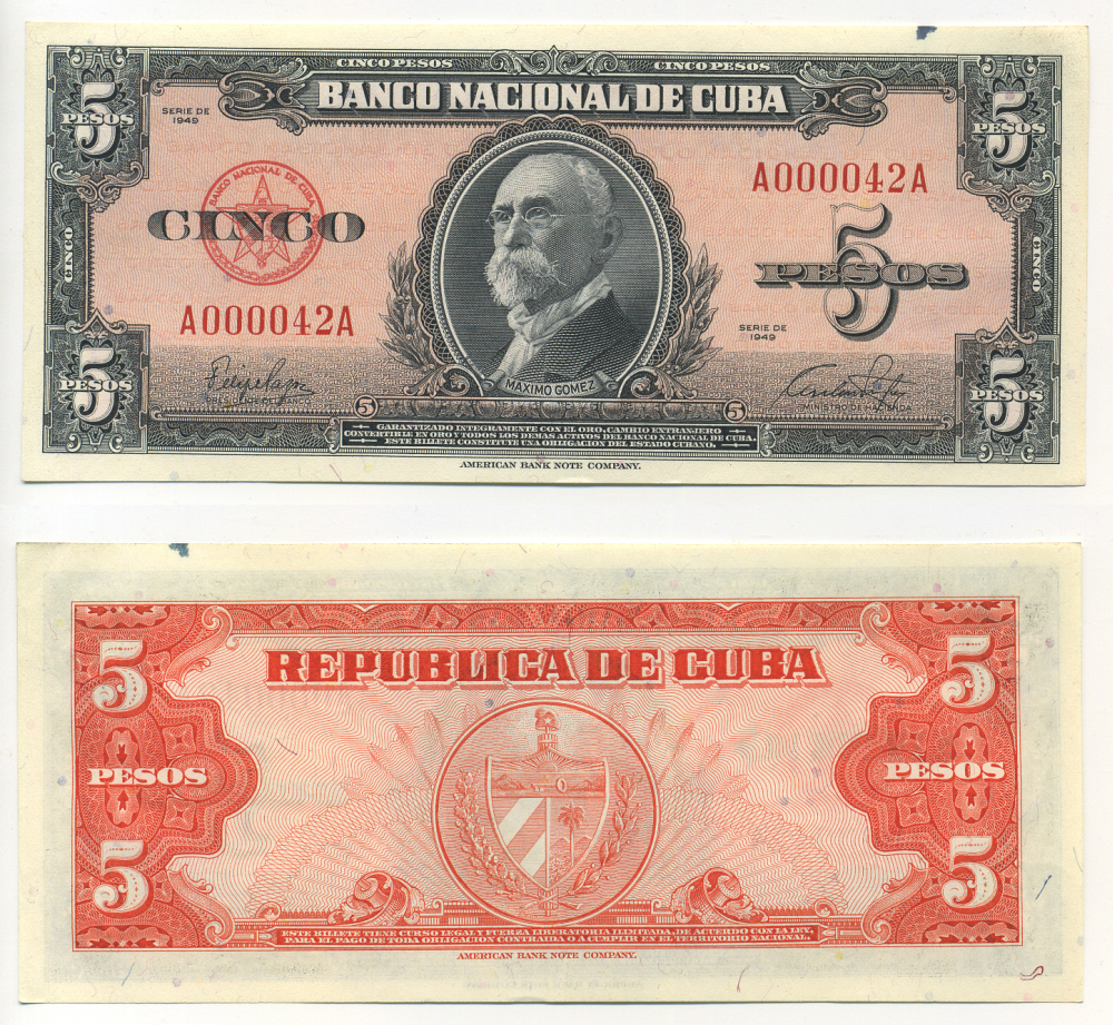 КУБА 5 ПЕСО 1949 МАКСИМО ГОМЕС Pick 78a бумага UNC (ПРЕСС) 000-00-00