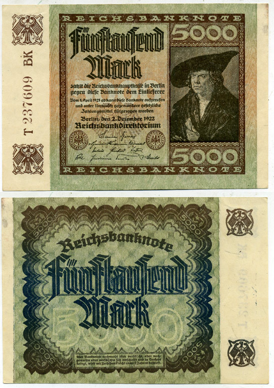 ГЕРМАНИЯ 5000 МАРОК 1922 2 ДЕКАБРЯ 1922, ВОДЯНОЙ ЗНАК Е, В ЗВЁЗДАХ G/D, ДЮРЕР Pick 81а бумага 3295-98-2