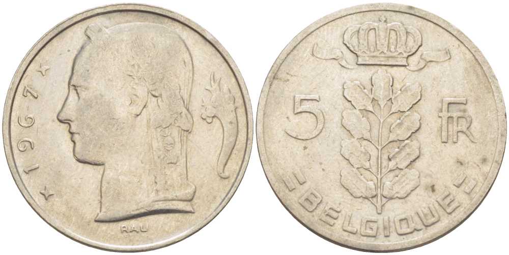 БЕЛЬГИЯ 5 ФРАНКОВ 1967 BELGIQUE, БОДУЭН I (1951-1993) KM 134.1 медно-никель 202-1243