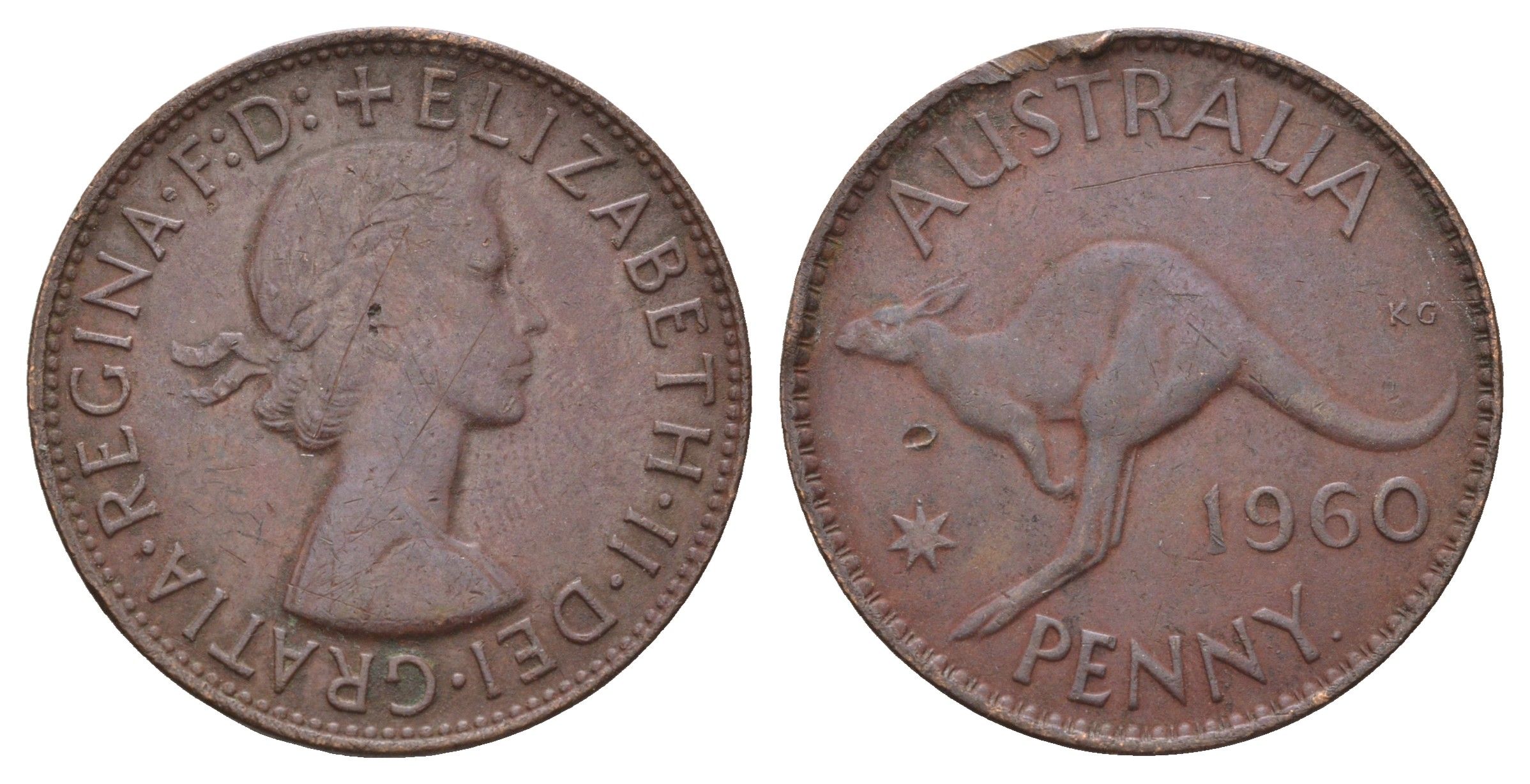 Австралия 1 пенни 1960 Елизавета II (1952-2022), кенгуру KM 56 бронза 4672-233