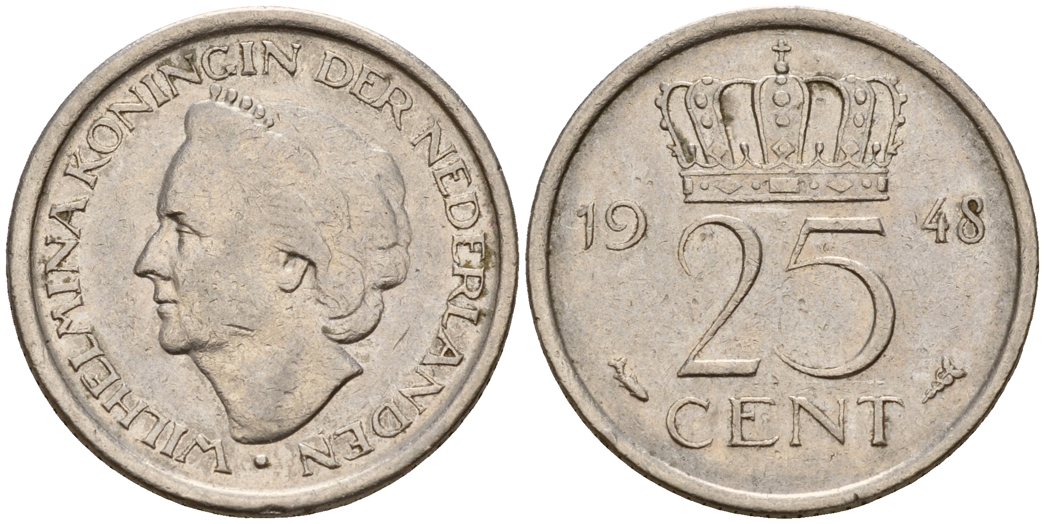 Нидерланды 25 центов 1948 Вильгельмина I (1890-1948) KM 178 никель    4189-165