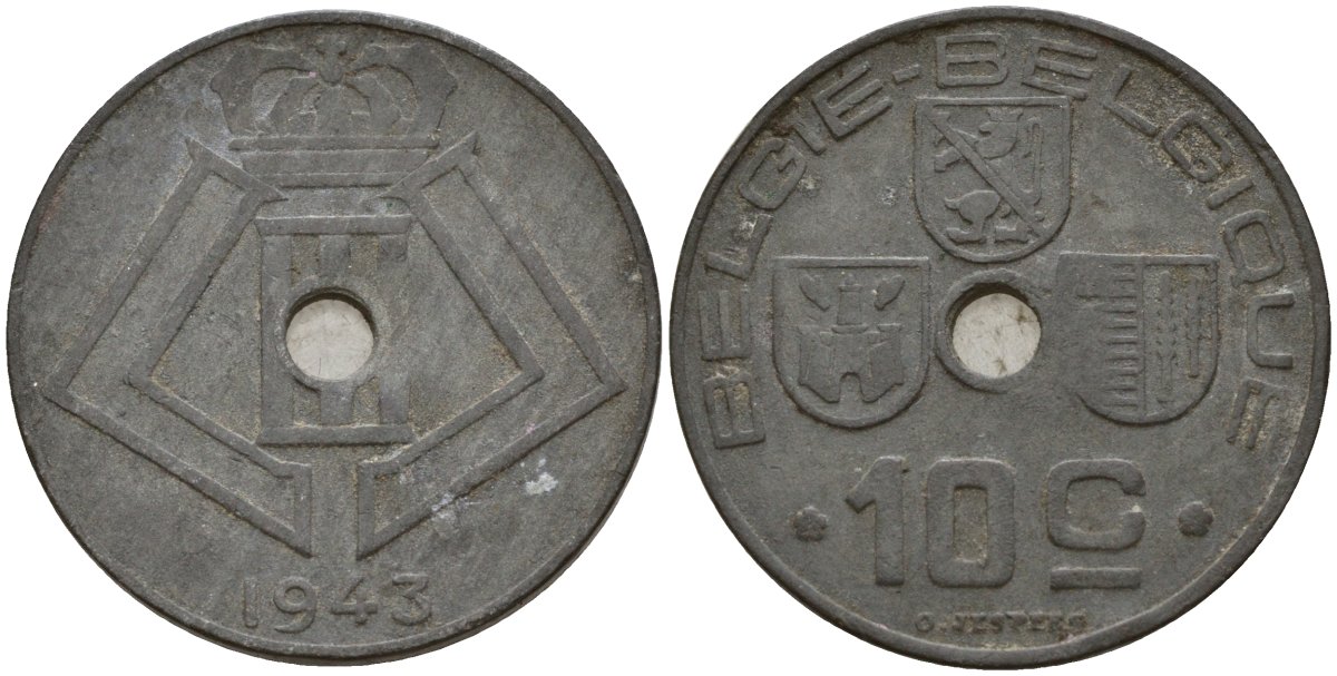 Бельгия 10 сантимов 1943 Belgie - Belgique, Леопольд III (1934-1947), германская оккупация, Вторая мировая война KM 126 цинк 4161-342