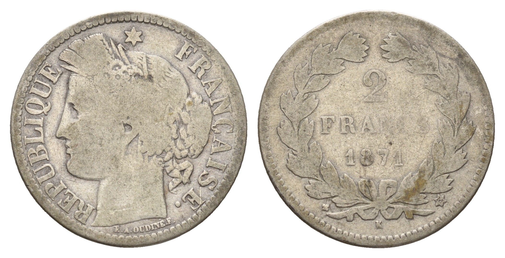 Франция 2 франка 1871 K KM 816 серебро 5010-1413