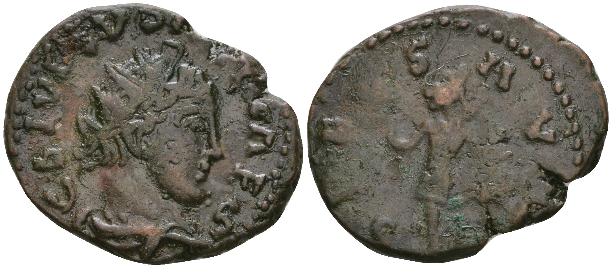 Римская Империя, императоры в Галлии антониниан 271 - 274 Тетрик II в ранге цезаря, C PIV ESV TETRICVS CAES, бюст цезаря / SPES AVGG, Спея, персонификация Мира, Августа Треверов RIC 270 биллон 1073-19-57