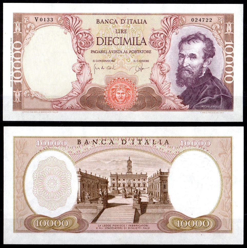 Италия 10000 лир 1964 Микеланджело Pick 97 b бумага UNC (пресс) 451-1093-3