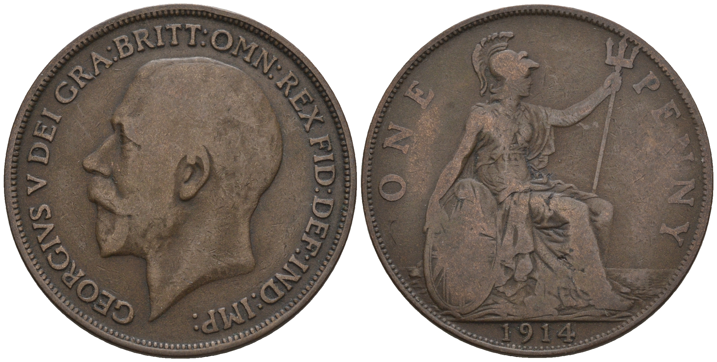 Великобритания 1 пенни 1914 Георг V (1910-1936) KM 810, Spink 4051 бронза 4607-1211