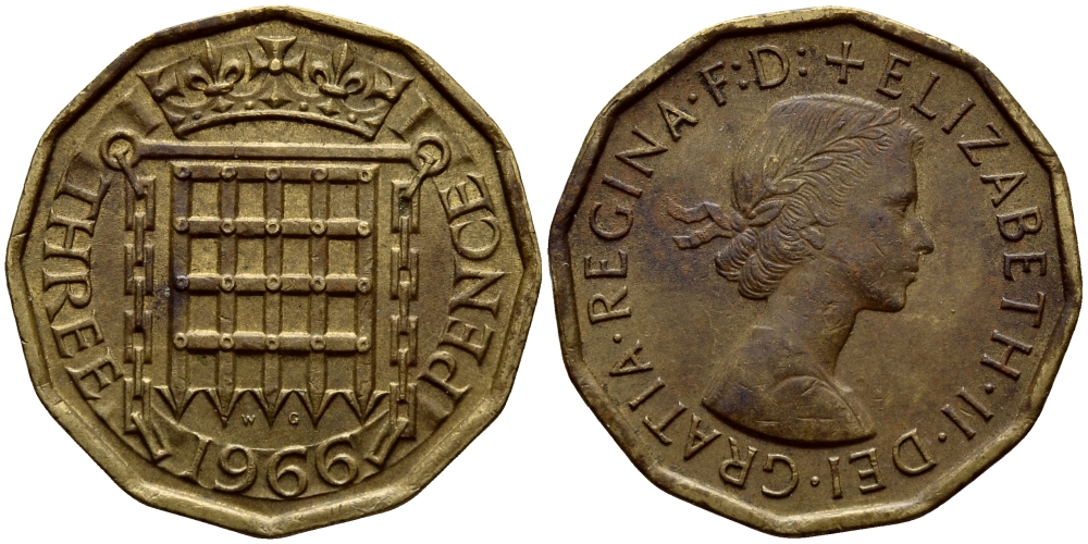 Великобритания 3 пенса 1966 Елизавета II (1952-2022) KM 900, Spink 4153 никель латунь 4393-1256